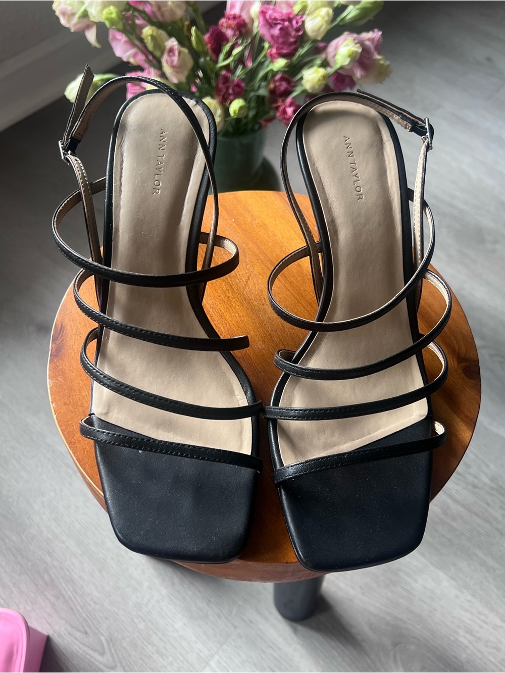 Ann Taylor Black Multi-Strap Square-Toe Heels